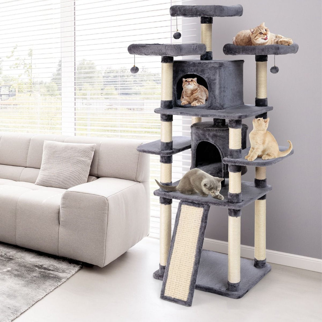 Arbre À Chat Griffoir 60X50X170 Cm Avec Poteaux Planche À Gratter 3 Perchoirs En Peluche 2 Niches 3 Peluches Suspendues